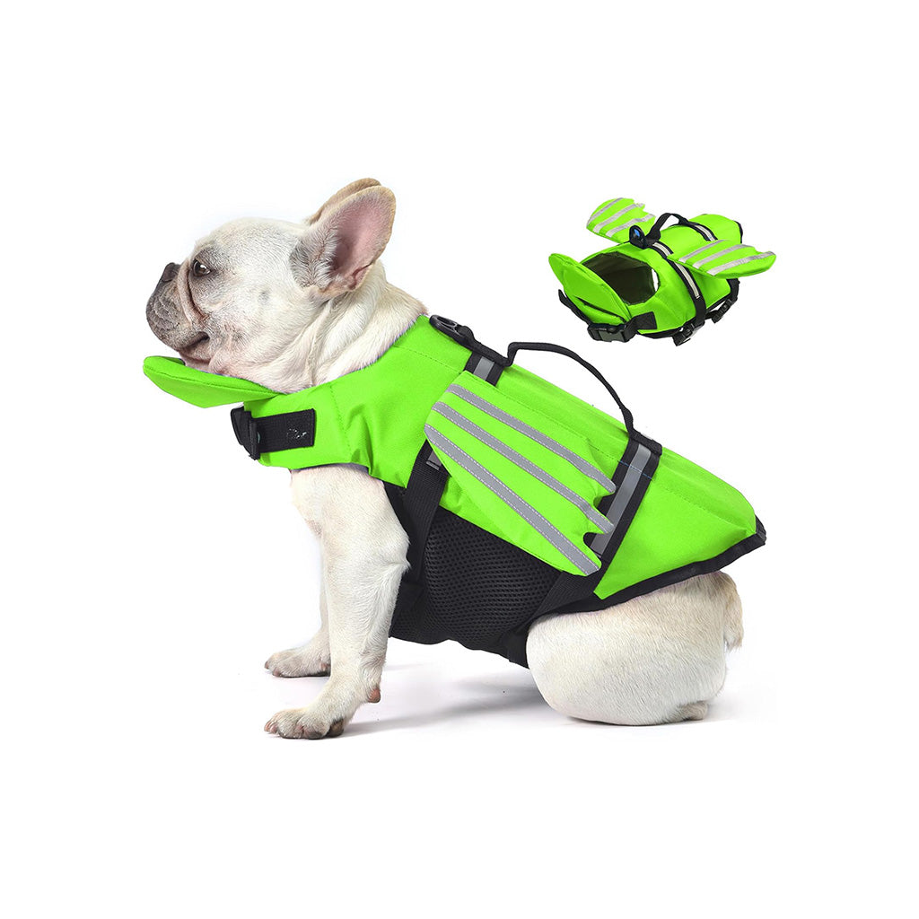 French bulldog on a white background wearing a neon green dog life jacket with angel wing flaps and reflective stripes.