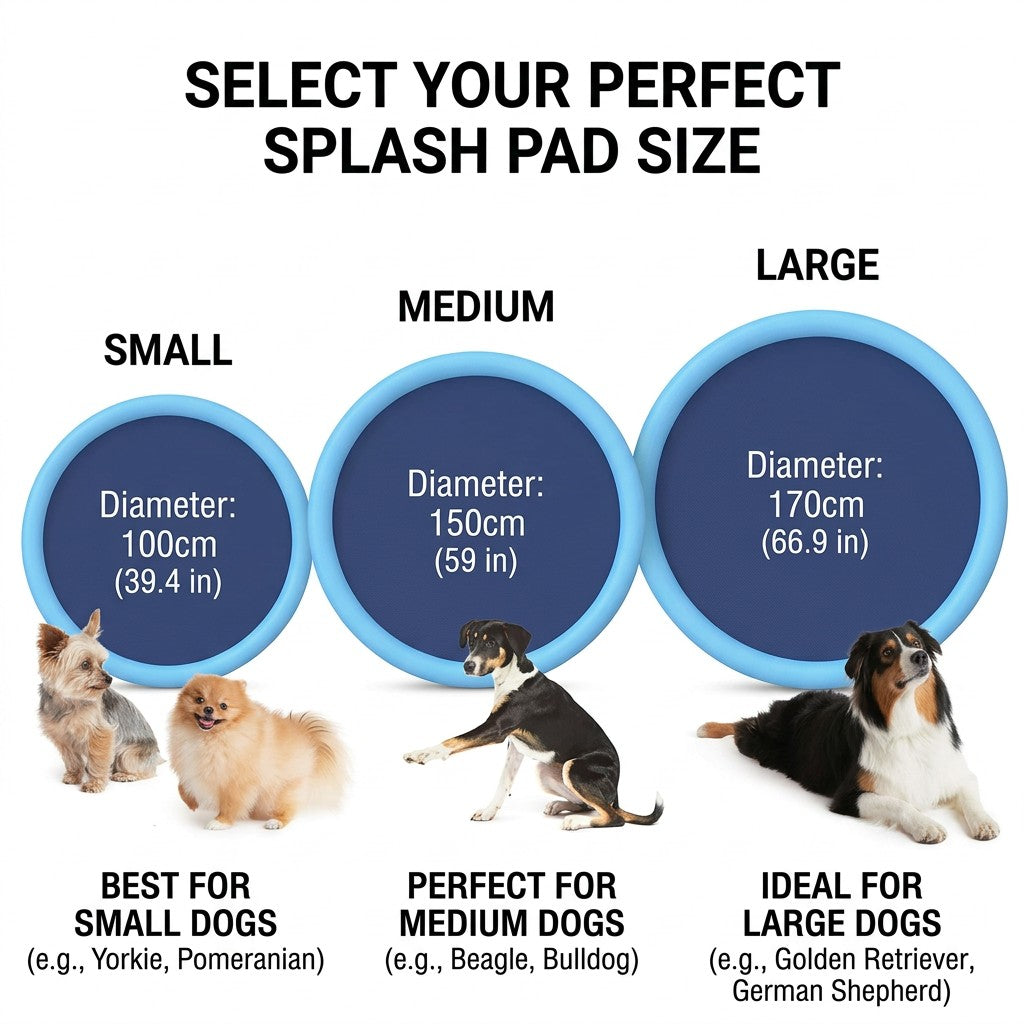 White-background size chart for a dog splash pad & sprinkler pool, with small, medium, and large blue pads beside different dogs.