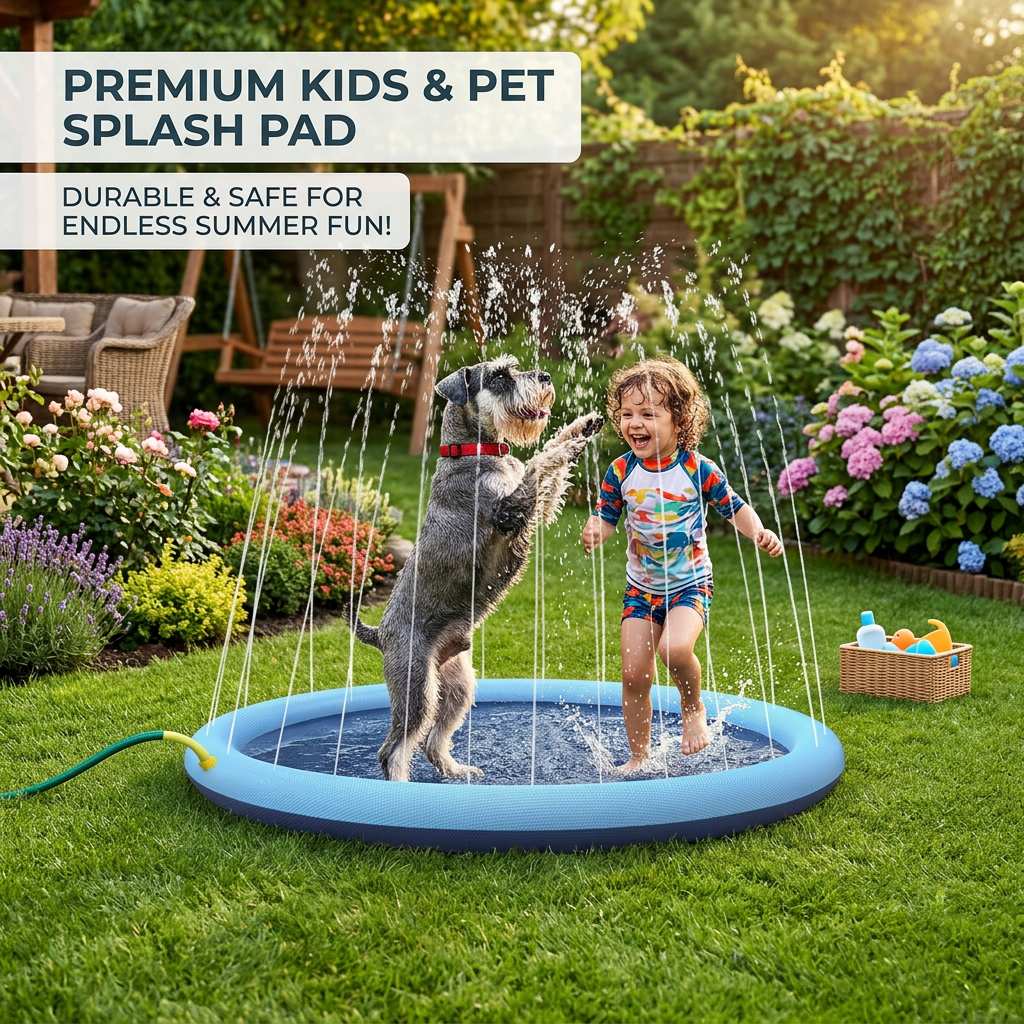 Small schnauzer and toddler play in a blue Dog Splash Pad & Sprinkler Pool in a sunny garden with flowers.