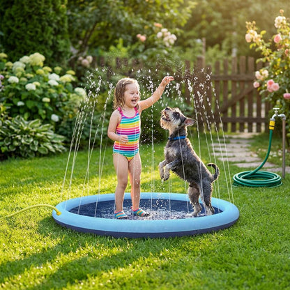 Young girl and small terrier play on a blue dog splash pad and sprinkler pool in a sunny backyard garden.