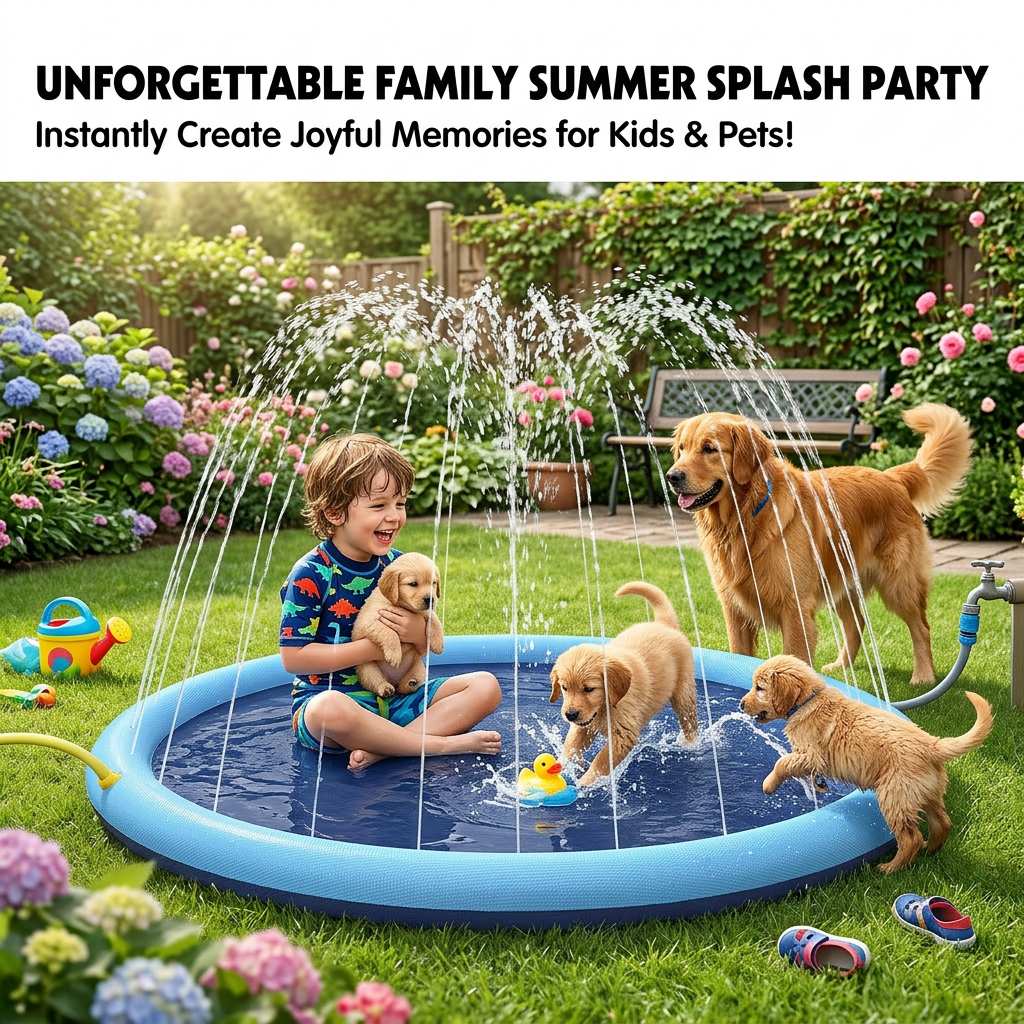A happy Golden Retriever dog and a young boy laughing and playing together in a blue heavy-duty non-slip dog splash pad sprinkler pool in a sunny backyard.