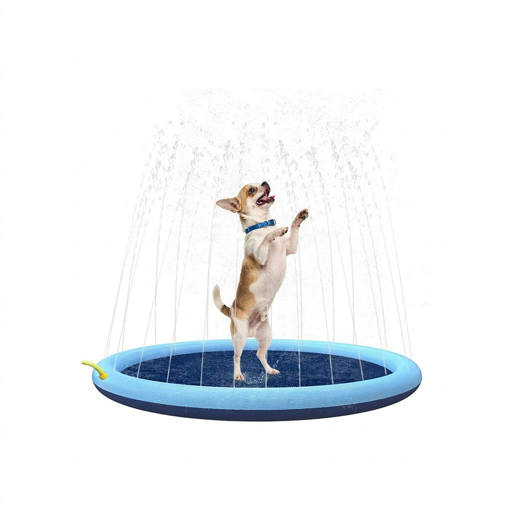Small tan-and-white Chihuahua stands in a blue dog splash pad and sprinkler pool on a white background.