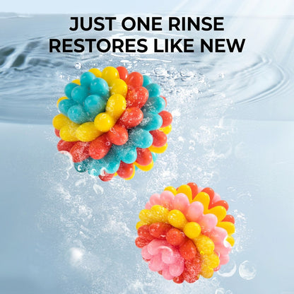 Two colorful TPR rubber dog balls underwater on a light blue background with bubbles and ripples.