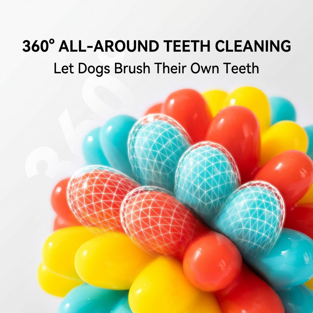 Colorful durable TPR rubber dog balls in red, yellow and teal on a white background with 360° teeth-cleaning text.