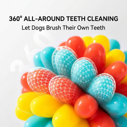Colorful durable TPR rubber dog balls in red, yellow and teal on a white background with 360° teeth-cleaning text.
