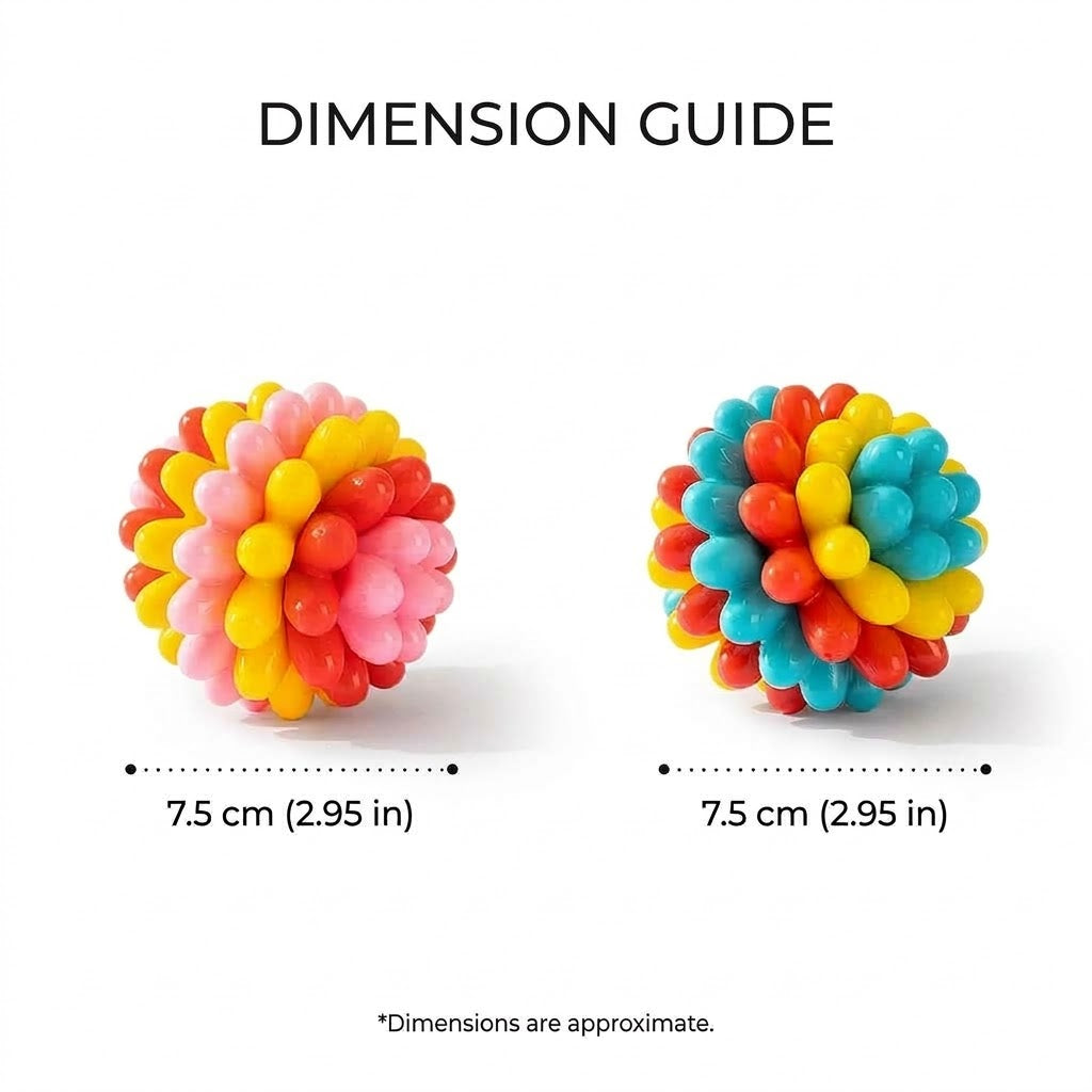White background dimension guide shows two colorful TPR rubber dog balls, each 7.5 cm, with pink, yellow, red and blue spikes.