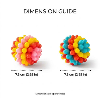 White background dimension guide shows two colorful TPR rubber dog balls, each 7.5 cm, with pink, yellow, red and blue spikes.