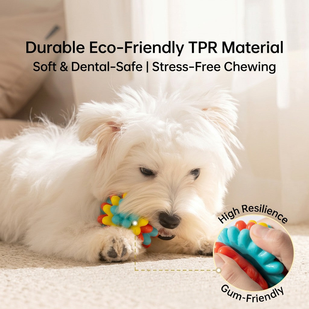 Small white fluffy dog chewing a colorful Durable TPR Rubber Dog Ball on a carpeted floor in a bright living room.
