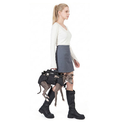 Woman using the top handle to hand carry a small grey dog in the black horizontal dog carrier.