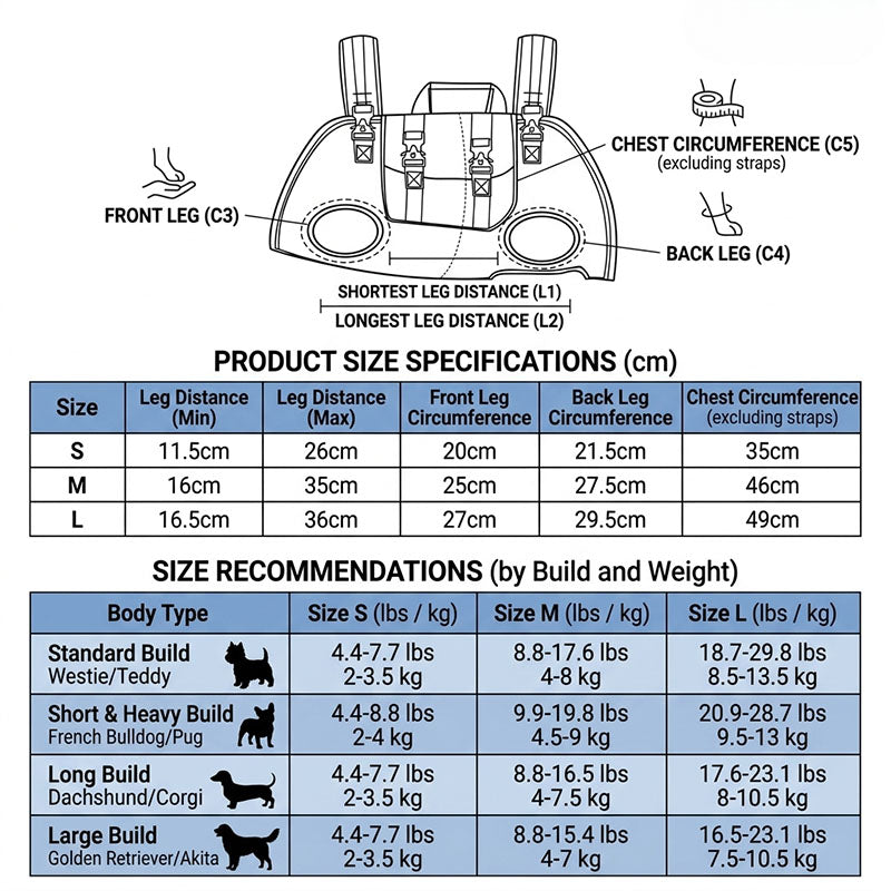 Size chart for horizontal dog carrier backpack showing S to L leg distance, leg circumference, chest, and weight guidance.