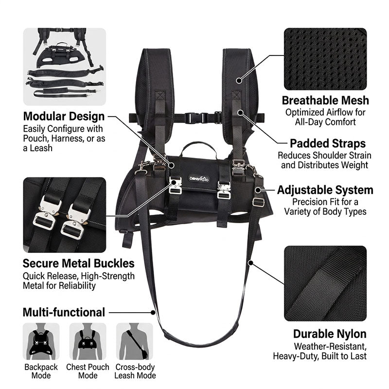 Feature graphic for black 4-in-1 dog carrier backpack showing mesh, padded straps, buckles, nylon, and carry modes.