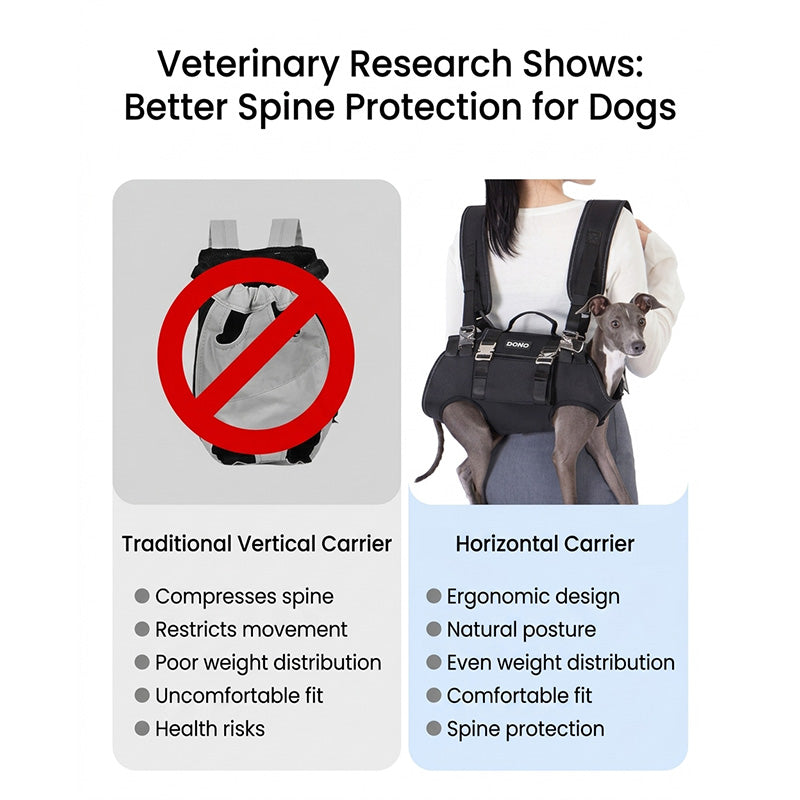Comparison graphic showing vertical dog carrier layout beside horizontal carrier backpack positioning.