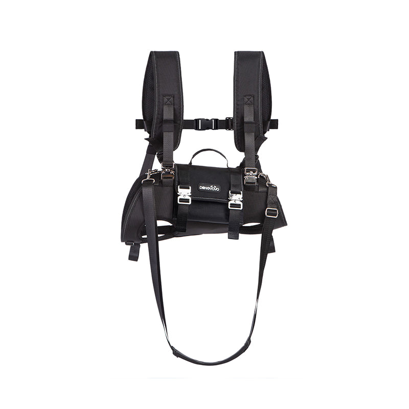 Black ergonomic 4-in-1 horizontal dog carrier backpack with shoulder straps, top handle, and metal buckles.