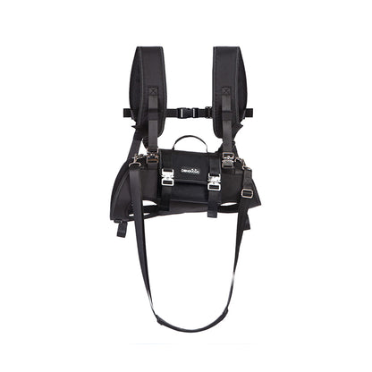 Black ergonomic 4-in-1 horizontal dog carrier backpack with shoulder straps, top handle, and metal buckles.