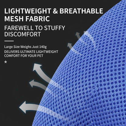 Close-up of blue breathable mesh fabric with airflow arrows on a black background, showing an escape-proof harness and leash set.