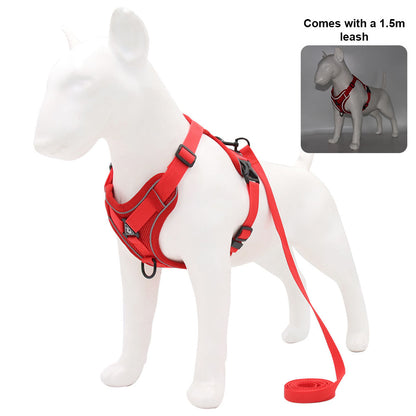 White studio shot of a dog mannequin wearing a red escape-proof harness and leash set, with a 1.5m leash inset.