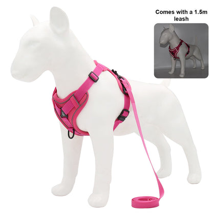 White dog mannequin wearing a Rose Pink reflective dog harness, demonstrating the high-visibility glowing safety lines in the dark.