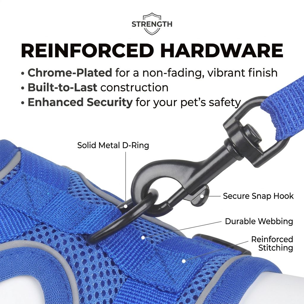 Blue escape-proof dog harness and leash set close-up on a white background, featuring black snap hook, D-ring, and reinforced stitching.