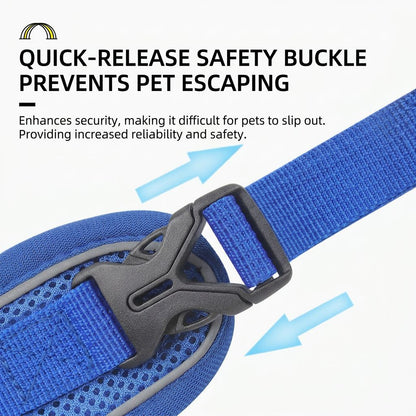 Blue escape-proof dog and cat harness and leash set with a quick-release safety buckle on a white background.