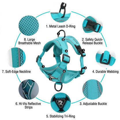 Detailed diagram of the PawsMore pet harness showing features like the metal leash D-ring, safety quick-release buckle, breathable mesh, and reflective strips.