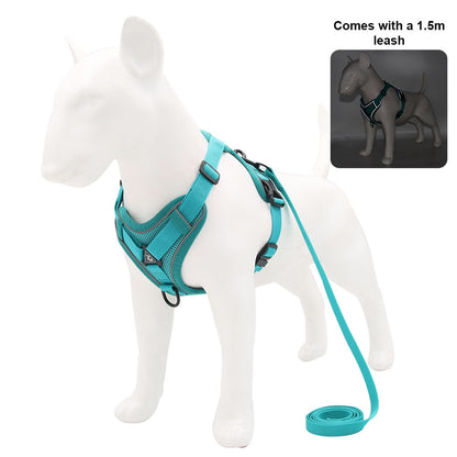 White studio shot of a turquoise escape-proof harness and leash set on a white dog mannequin, with a small inset view.