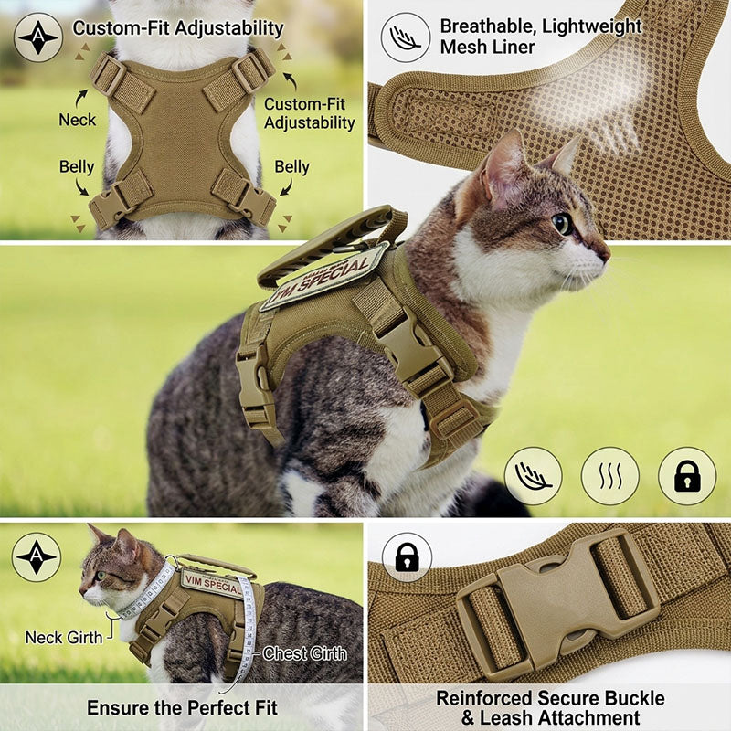 A detailed collage showcasing the PawsMore tactical harness features: custom-fit adjustability at the neck and belly, a breathable lightweight mesh liner, and reinforced secure buckles.