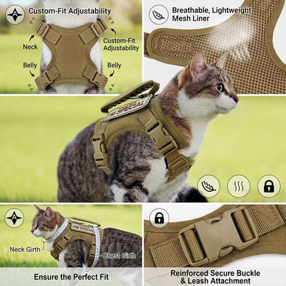 A detailed collage showcasing the PawsMore tactical harness features: custom-fit adjustability at the neck and belly, a breathable lightweight mesh liner, and reinforced secure buckles.