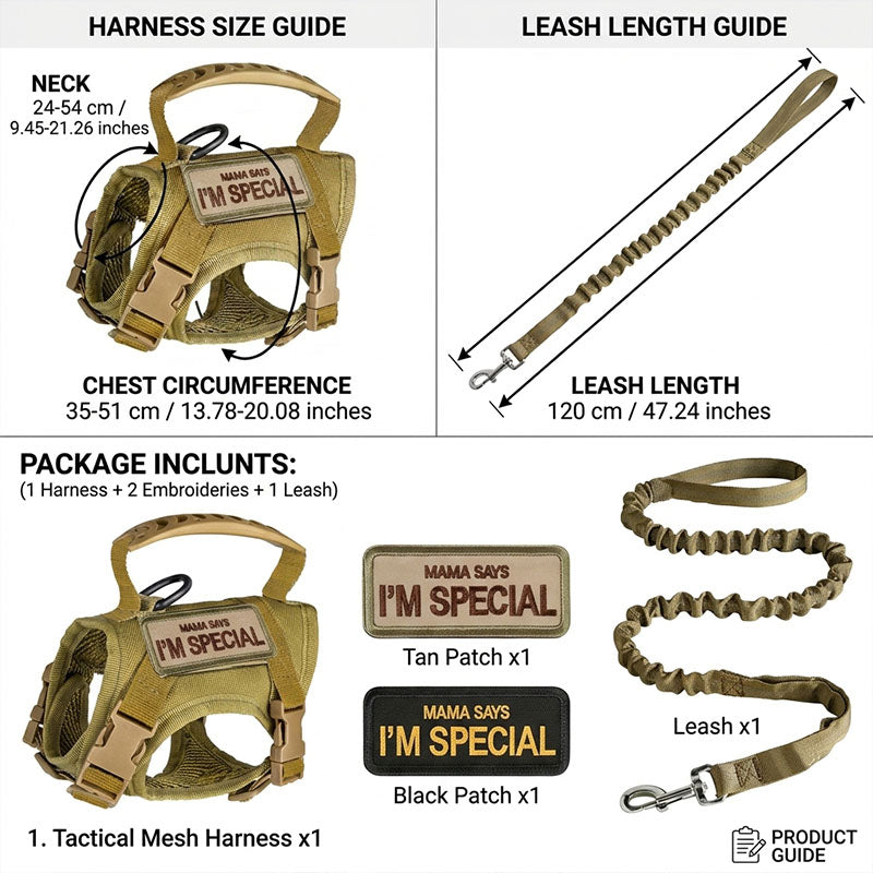 Detailed product size guide for the PawsMore tactical harness set, indicating a neck girth of 9.45-21.26 inches, a chest circumference of 13.78-20.08 inches, and a leash length of 47.24 inches.