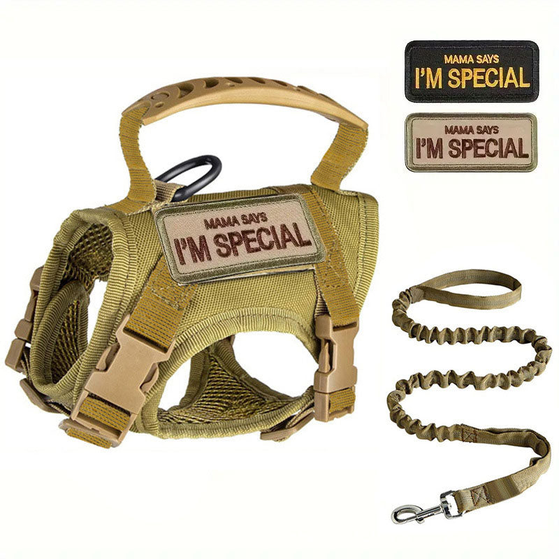 The PawsMore escape-proof tactical harness set in desert tan, showing the breathable mesh vest, matching tactical bungee leash, and customizable velcro patches.