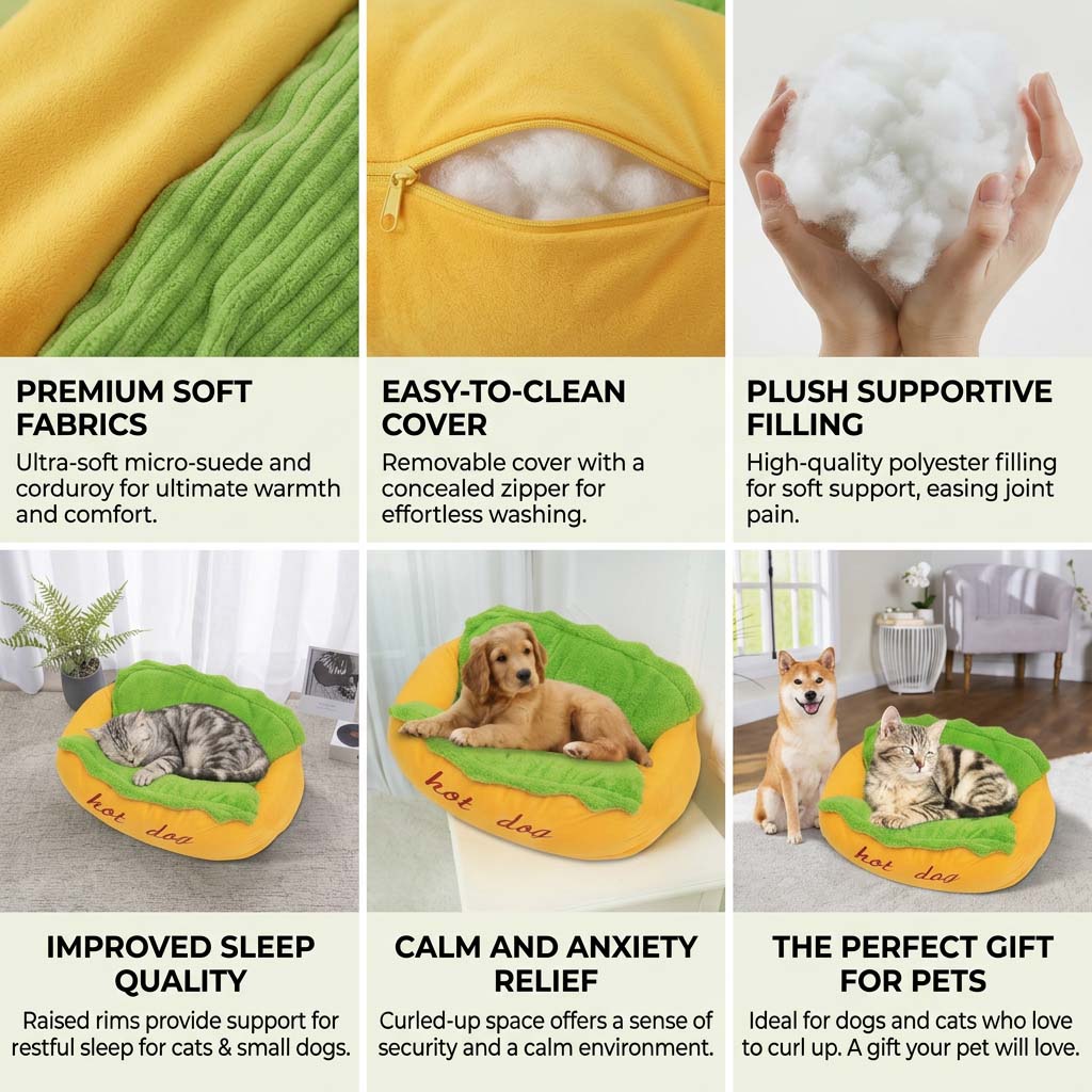 Hot dog pet bed detail collage showing fabric texture, zipper opening, polyester fill, and pet use.
