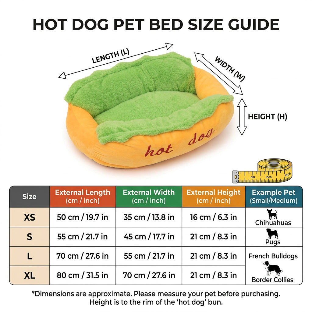 Hot dog pet bed size guide showing XS, S, L, and XL external measurements.