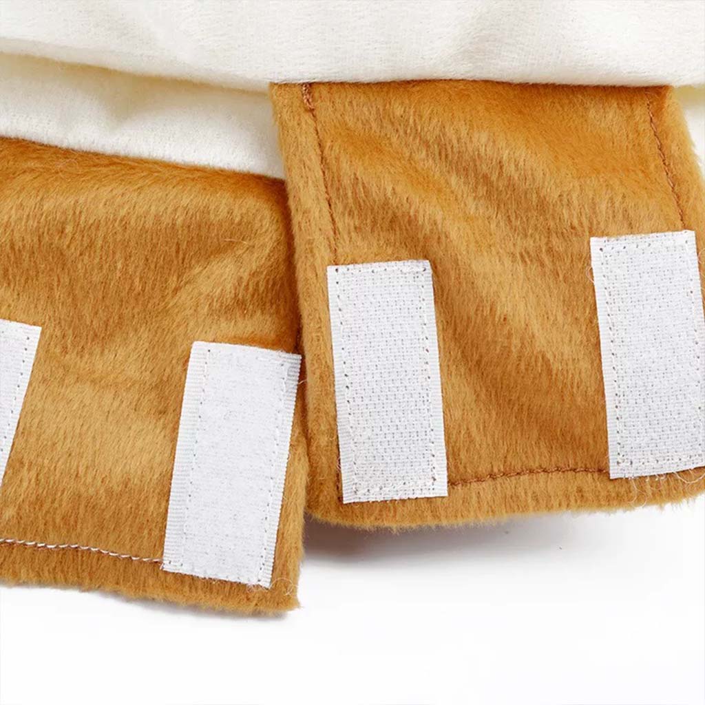Close-up of hook-and-loop strap panels on the hot dog pet costume.