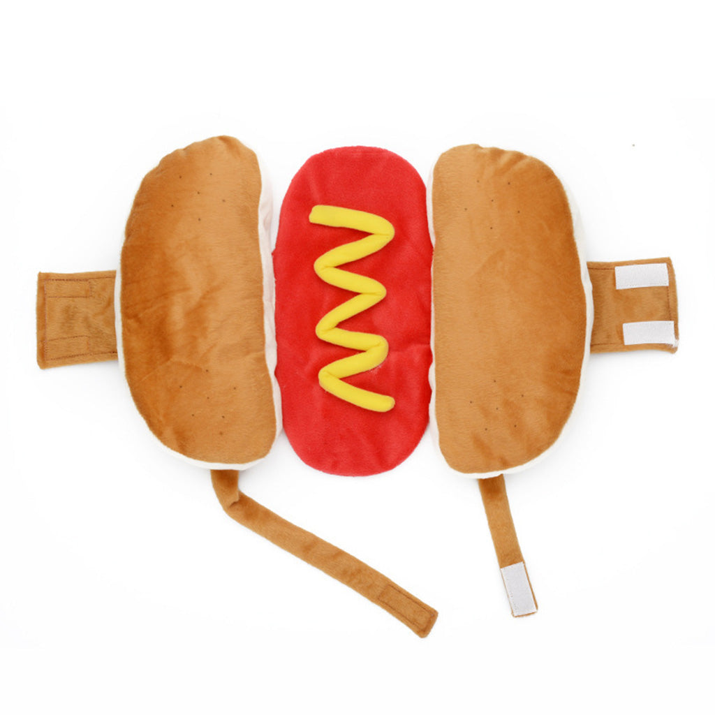 Flat lay of opened hot dog pet costume showing hook-and-loop straps and red center panel.