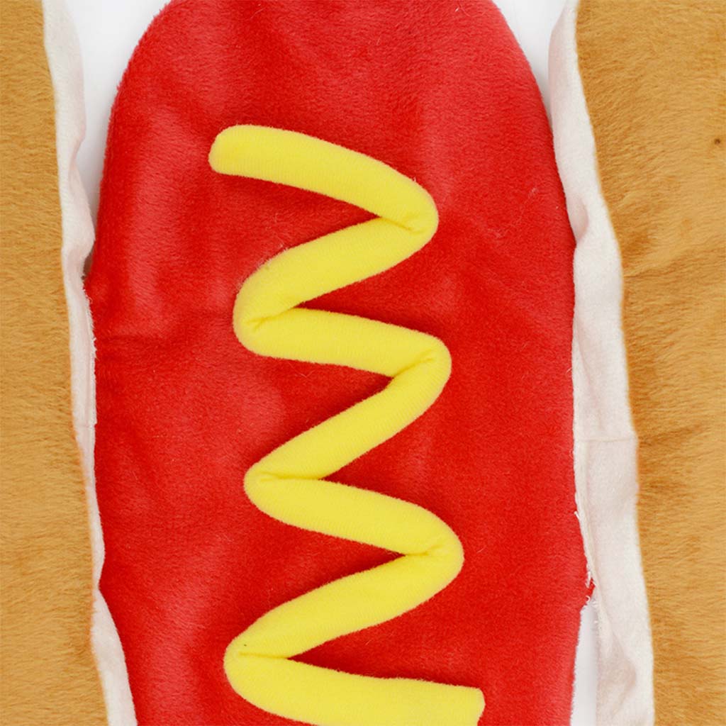 Close-up of red plush center panel and raised yellow mustard zig-zag on hot dog costume.