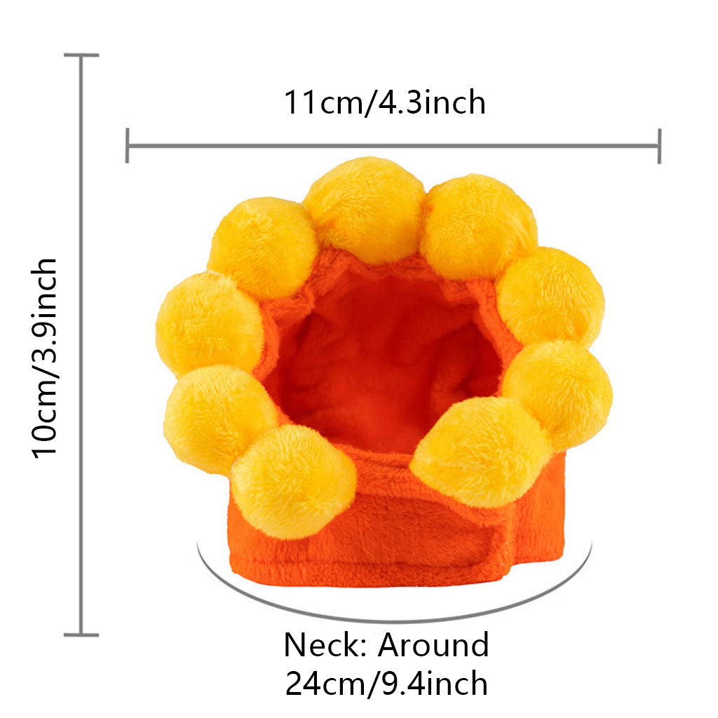 Sunflower plush pet costume hat size guide showing 10 cm height, 11 cm width, and 24 cm neck.