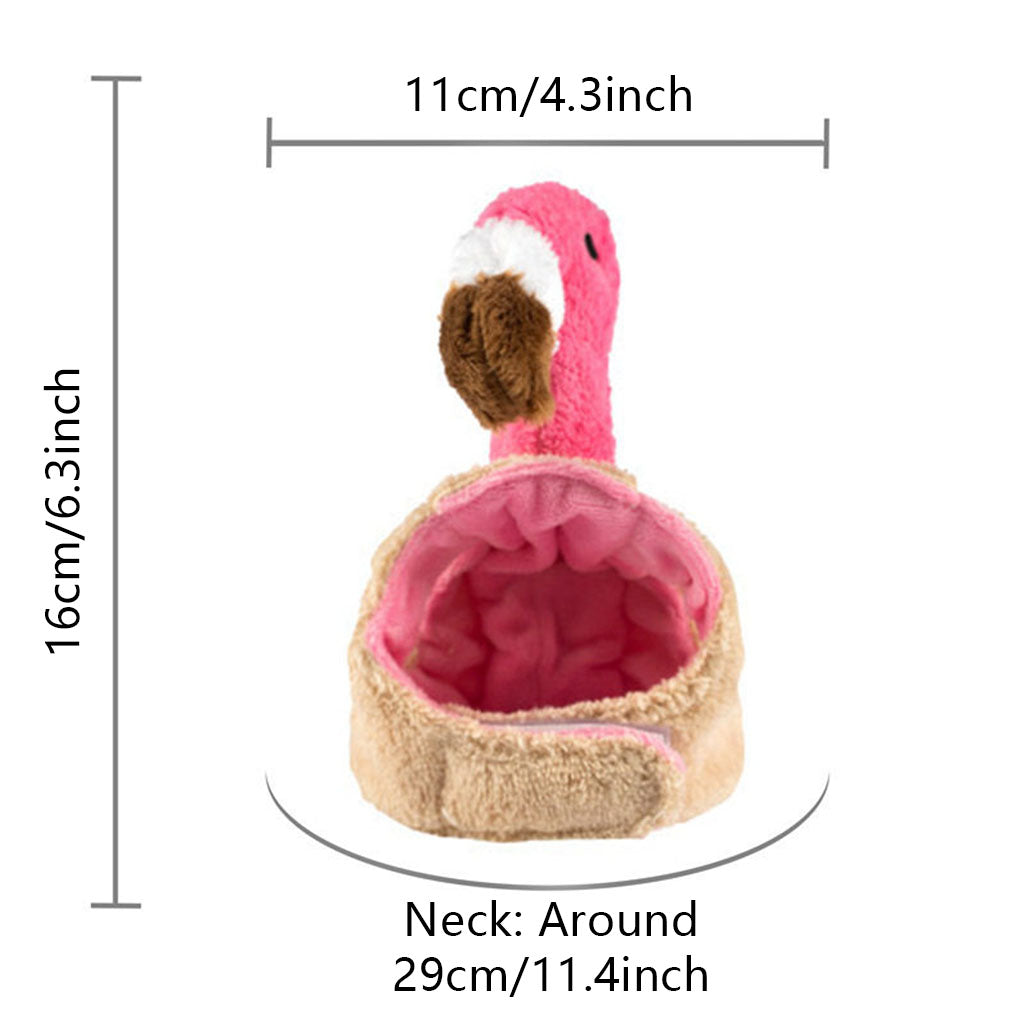 Flamingo plush pet costume hat size guide showing 16 cm height, 11 cm width, and 29 cm neck.