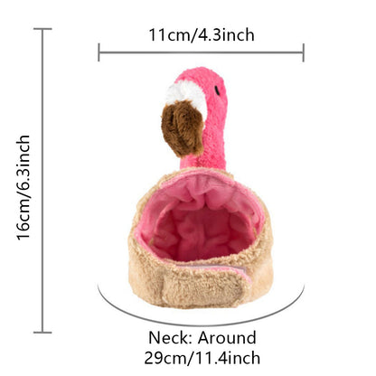 Flamingo plush pet costume hat size guide showing 16 cm height, 11 cm width, and 29 cm neck.