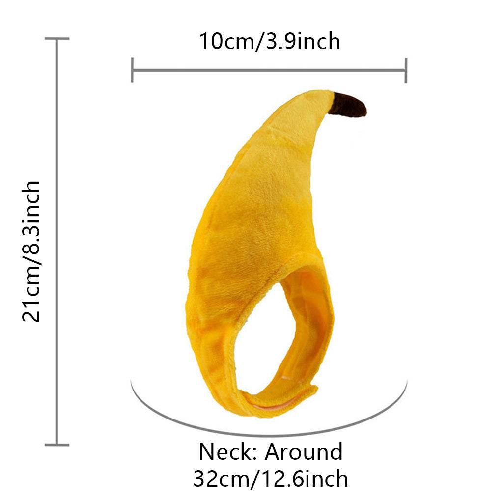 Banana pet costume hat size guide showing 21 cm height, 10 cm width, and 32 cm neck.