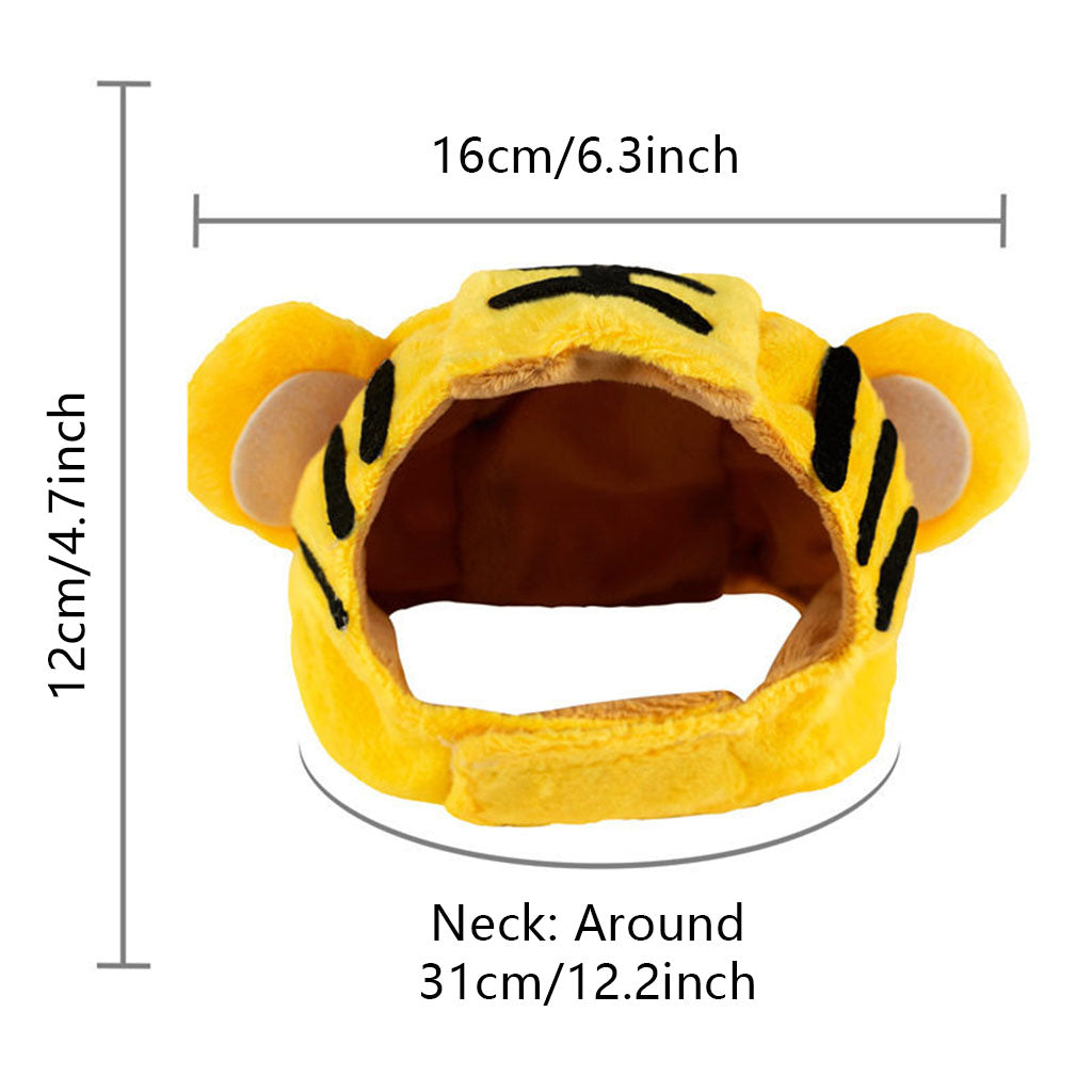 Tiger plush pet costume hat size guide showing 12 cm height, 16 cm width, and 31 cm neck.