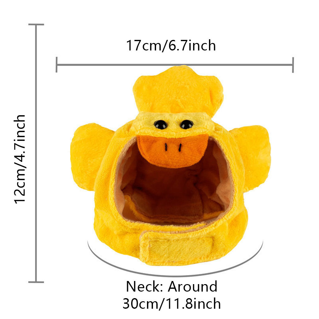 Duck plush pet costume hat size guide showing 12 cm height, 17 cm width, and 30 cm neck.