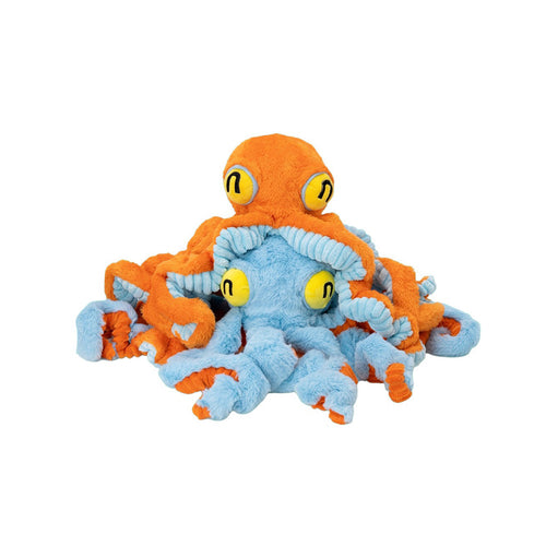 Orange and blue giant octopus squeaky dog toy on a white background, with plush tentacles and bright eyes.