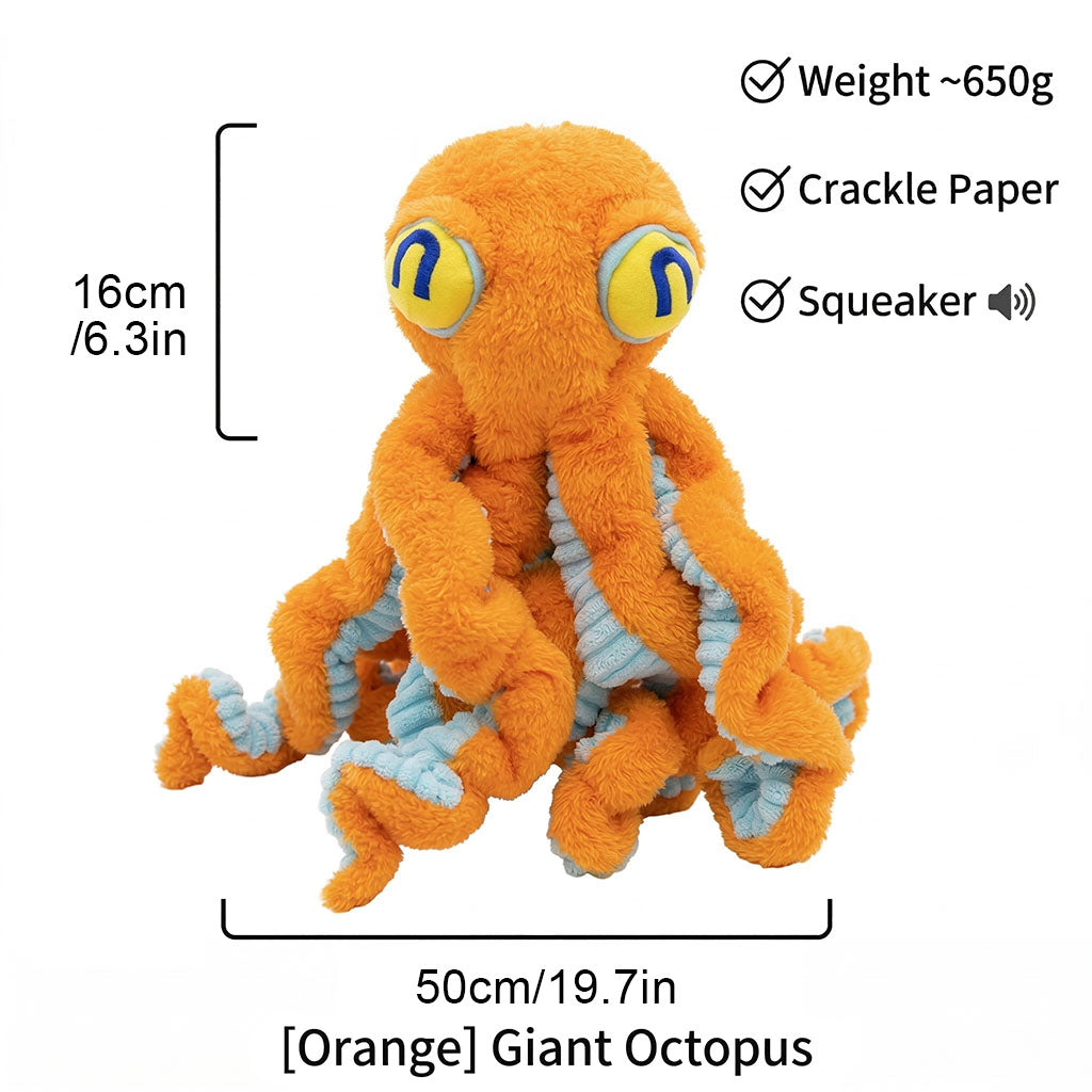Detailed view of the orange and blue giant octopus squeaky dog toys, highlighting the 50cm width, built-in squeaker, crackle paper, and multi-layer plush fabric.