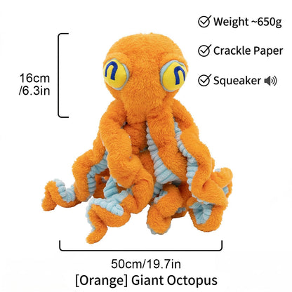 Detailed view of the orange and blue giant octopus squeaky dog toys, highlighting the 50cm width, built-in squeaker, crackle paper, and multi-layer plush fabric.