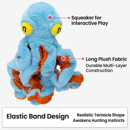 Blue and orange giant octopus squeaky dog toy on a white background, with long plush tentacles and elastic band design.