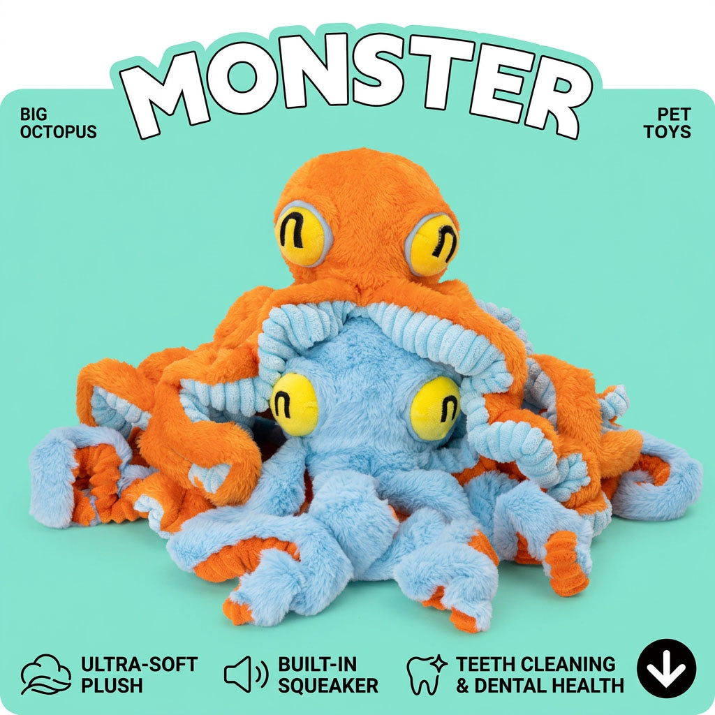 Orange and blue giant octopus squeaky dog toy with crinkle plush tentacles and yellow eyes on a mint background.