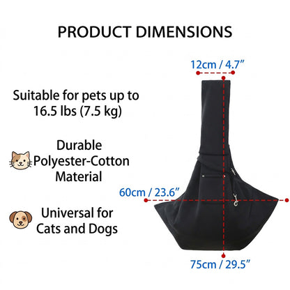 Pet sling carrier dimension graphic showing 75 cm length, 60 cm pouch width, and 12 cm strap.