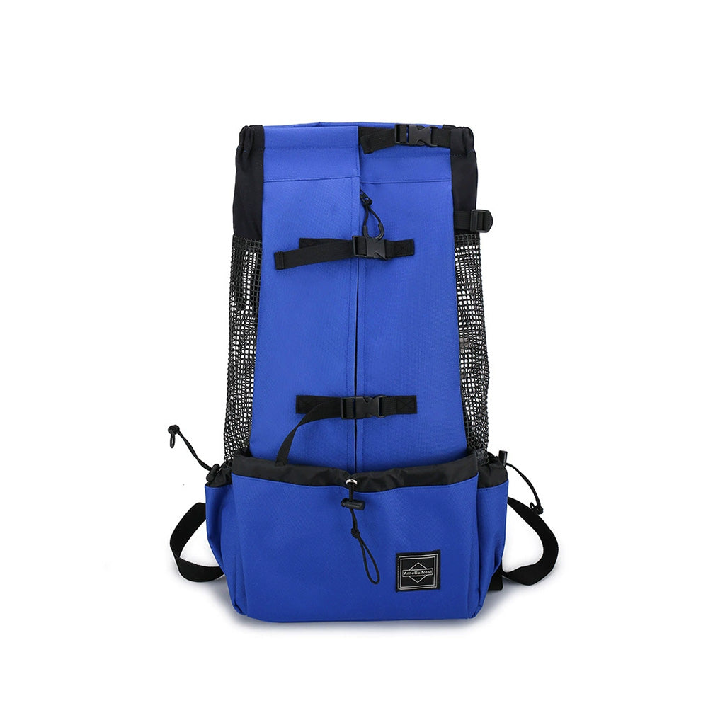 Cobalt Blue head-out dog carrier backpack with black mesh side panels, front pocket, and buckles.