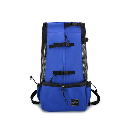 Cobalt Blue head-out dog carrier backpack with black mesh side panels, front pocket, and buckles.