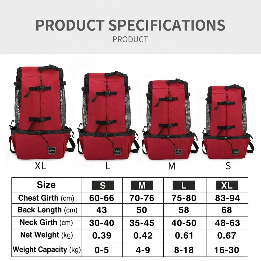 Size chart for head-out dog carrier backpack showing chest girth, back length, neck girth, bag weight, and capacity.