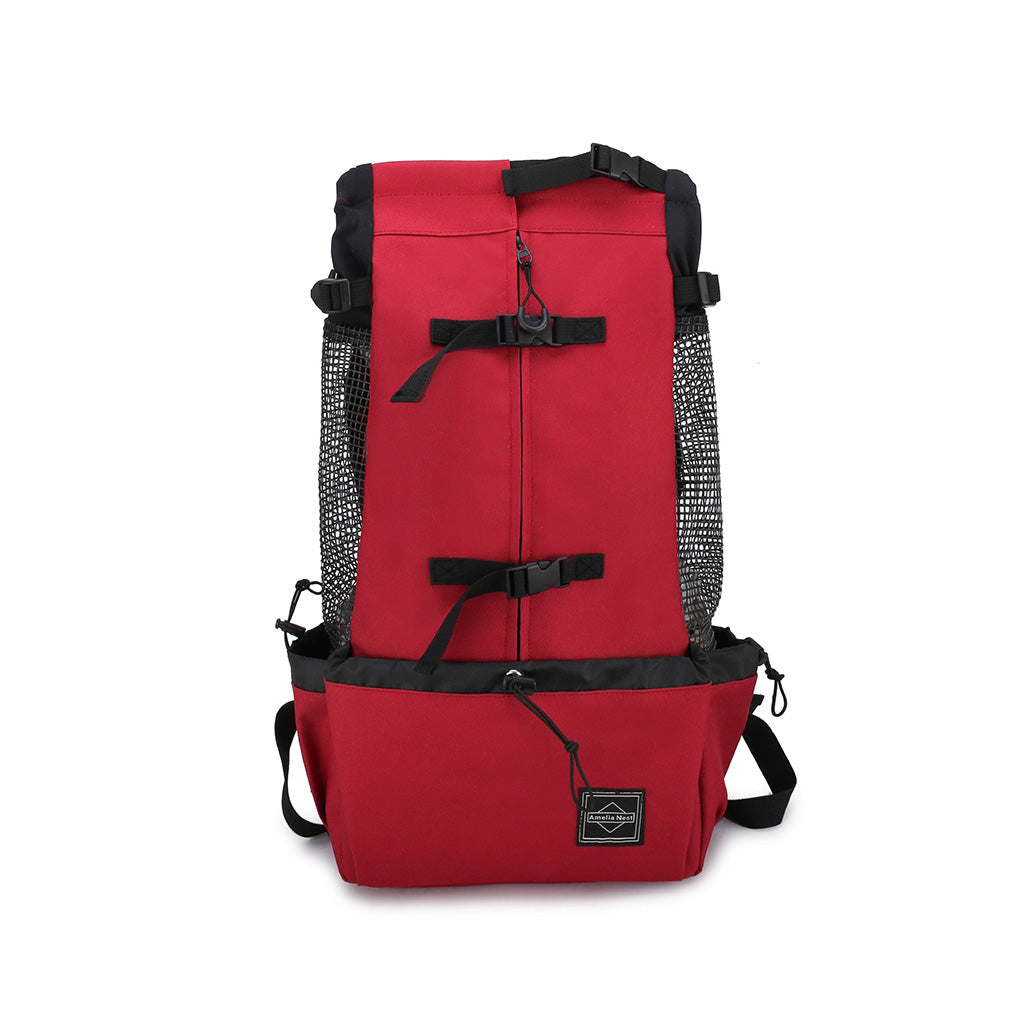 Cherry Red head-out dog carrier backpack with black mesh side panels and compression straps.